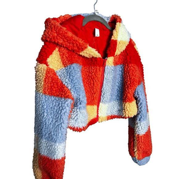 Anthropologie Daily Practice Faux Shearling Crop Zip-Up Jacket Orange Plaid XS - Picture 7 of 9